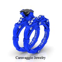 Caravaggio New York 14K Blue Gold 1.25 Ct Princess Black and White Diamond Engagement Ring Wedding Band Set R673PS-14KBLGDBD