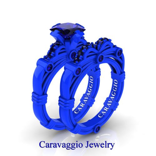 Art-Masters-Caravaggio-New-York-14K-Blue-Gold-1-25-Carat-Princess-Blue-Sapphire-Engagement-Ring-Wedding-Band-Set-R673PS-14KBLGBS-NEW