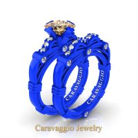 Caravaggio New York 14K Blue Gold 1.25 Ct Princess Champagne and White Diamond Engagement Ring Wedding Band Set R673PS-14KBLGDCHD
