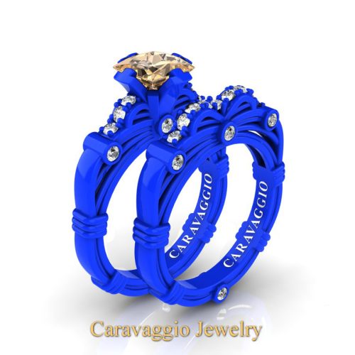 Art-Masters-Caravaggio-New-York-14K-Blue-Gold-1-25-Carat-Princess-Champagne-and-White-Diamond-Engagement-Ring-Wedding-Band-Set-R673PS-14KBLGDCHD-NEW