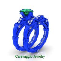 Caravaggio New York 14K Blue Gold 1.25 Ct Princess Emerald Diamond Engagement Ring Wedding Band Set R673PS-14KBLGDEM