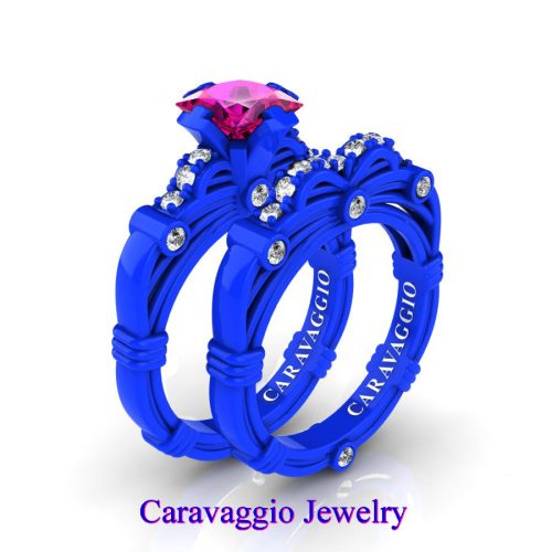 Art-Masters-Caravaggio-New-York-14K-Blue-Gold-1-25-Carat-Princess-Pink-Sapphire-Diamond-Engagement-Ring-Wedding-Band-Set-R673PS-14KBLGDPS-NEW
