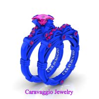 Caravaggio New York 14K Blue Gold 1.25 Ct Princess Pink Sapphire Engagement Ring Wedding Band Set R673PS-14KBLGPS