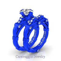 Caravaggio New York 14K Blue Gold 1.25 Ct Princess White Sapphire Diamond Engagement Ring Wedding Band Set R673PS-14KBLGDWS