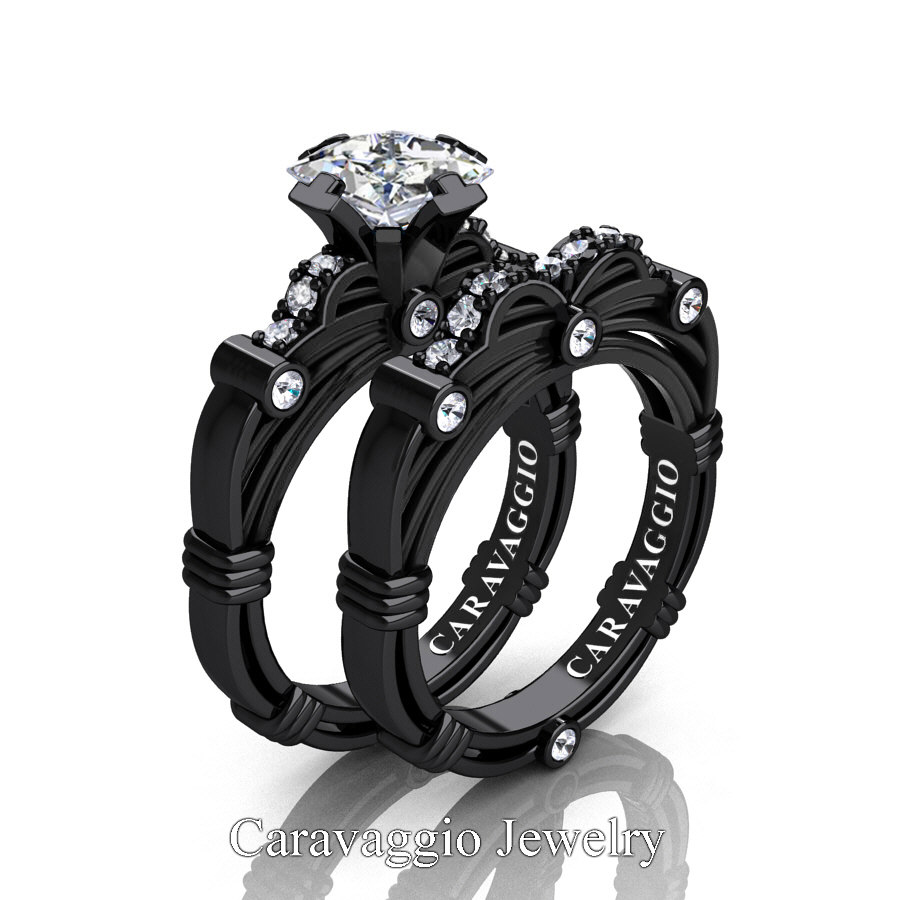 Art Masters Caravaggio 14K Black Gold 1.25 Ct Princess White Sapphire Diamond Engagement Ring Wedding Band Set R673PS-14KBGDWS