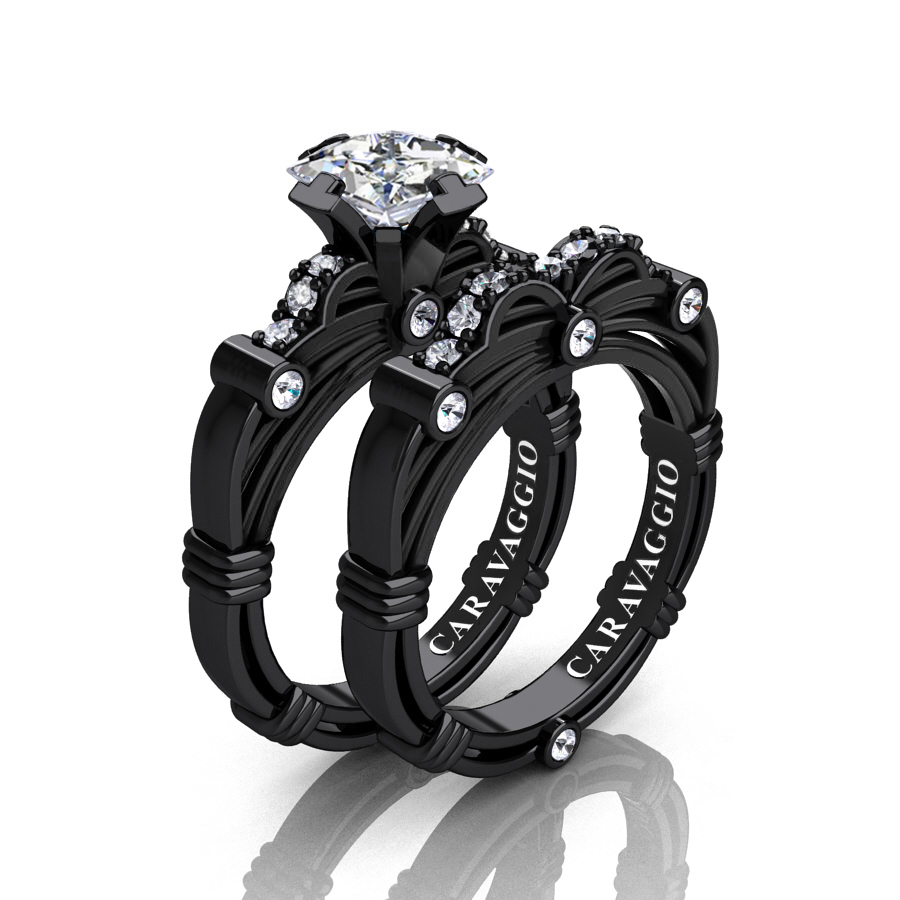 Art Masters Caravaggio 14K Black Gold 1.25 Ct Princess White Sapphire Engagement Ring Wedding Band Set R673PS-14KBGWS