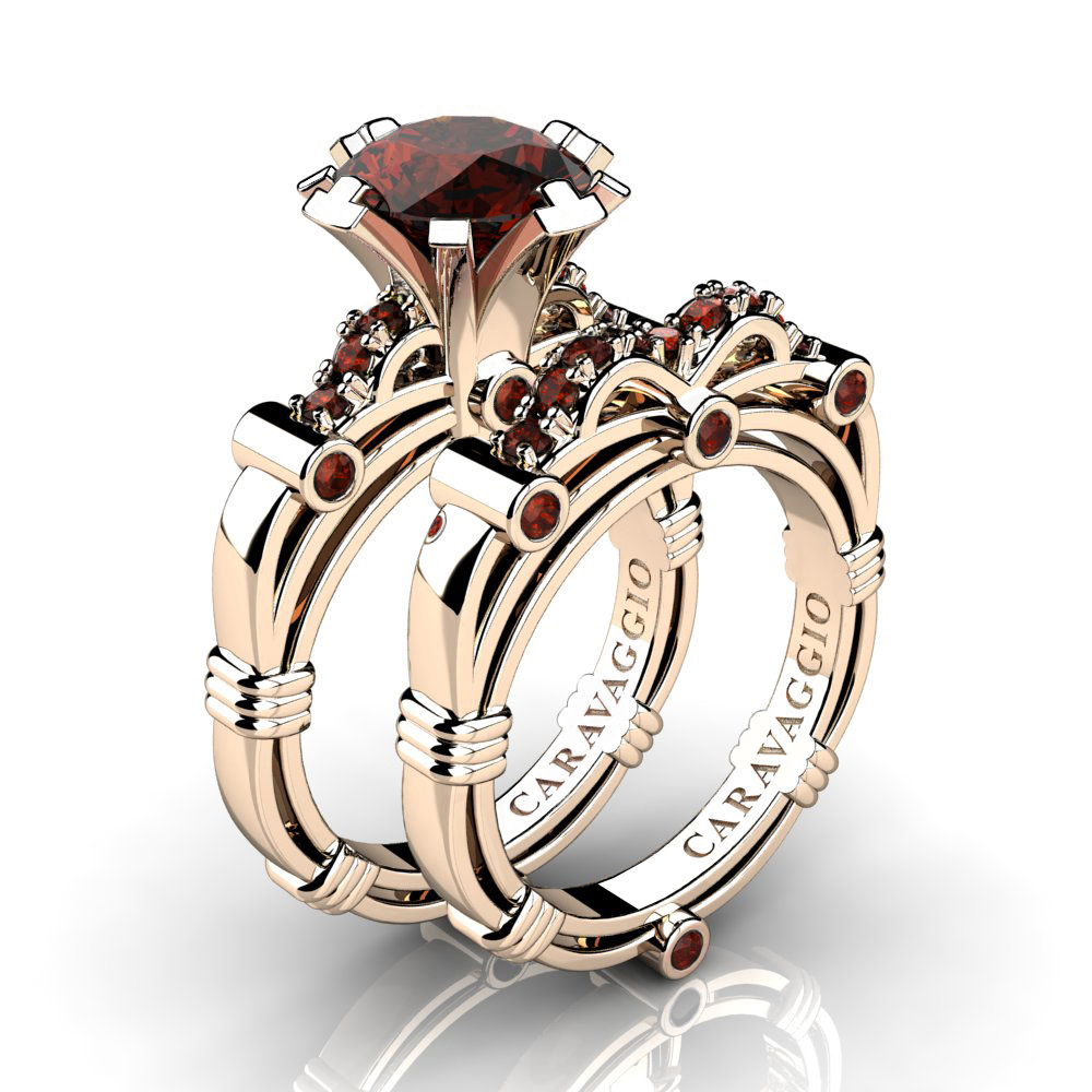 Art Masters Caravaggio 14K Rose Gold 3.0 Ct Cognac Diamond Engagement Ring Wedding Band Set R823S-14KRGCD