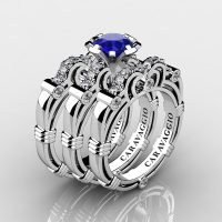 Art Masters Caravaggio Trio 14K White Gold 1.0 Ct Blue Sapphire Diamond Engagement Ring Wedding Band Set R623S3-14KWGDBS