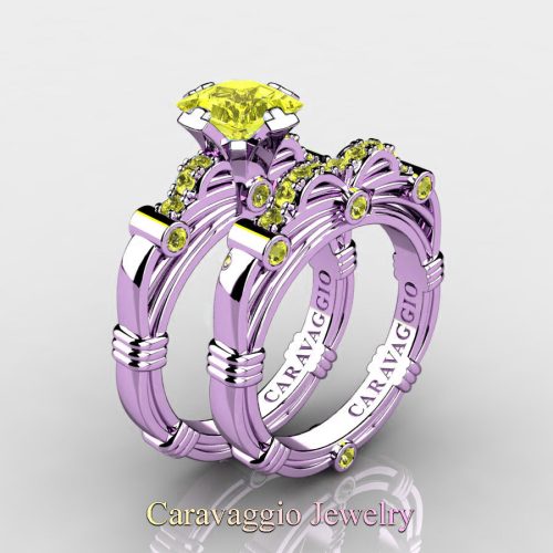 Art Masters Caravaggio 14K Lilac Gold 1.25 Ct Princess Yellow Sapphire Engagement Ring Wedding Band Set R673PS-14KLGYS