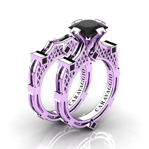 Art Masters Caravaggio 14K Lilac Gold 2.0 Ct Princess Black Diamond Engagement Ring Wedding Band Bridal Set R782PS-14KLGBD