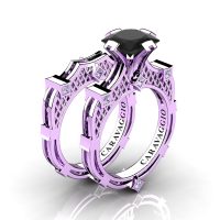 Art Masters Caravaggio 14K Lilac Gold 2.0 Ct Princess Black and White Diamond Engagement Ring Wedding Band Bridal Set R782PS-14KLGDBD