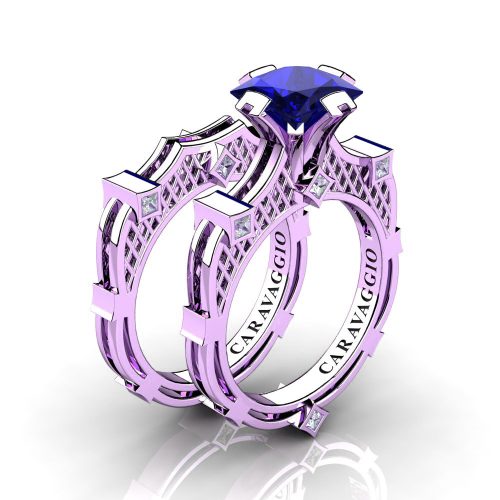 Art Masters Caravaggio 14K Lilac Gold 2.0 Ct Princess Blue Sapphire Diamond Engagement Ring Wedding Band Bridal Set R782PS-14KLGDBS