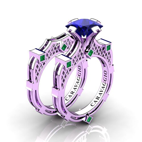 Art Masters Caravaggio 14K Lilac Gold 2.0 Ct Princess Blue Sapphire Emerald Engagement Ring Wedding Band Bridal Set R782PS-14KLGEMBS