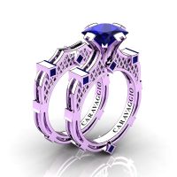 Art Masters Caravaggio 14K Lilac Gold 2.0 Ct Princess Blue Sapphire Engagement Ring Wedding Band Bridal Set R782PS-14KLGBS
