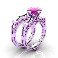 Art Masters Caravaggio 14K Lilac Gold 2.0 Ct Princess Pink Sapphire Engagement Ring Wedding Band Bridal Set R782PS-14KLGPS