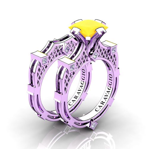 Art Masters Caravaggio 14K Lilac Gold 2.0 Ct Princess Yellow Onyx Diamond Engagement Ring Wedding Band Bridal Set R782PS-14KLGDYX