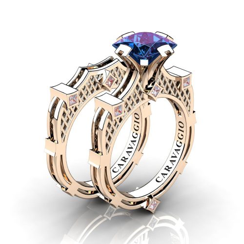 Art Masters Caravaggio 14K Rose Gold 2.0 Ct Princess Alexandrite Diamond Engagement Ring Wedding Band Bridal Set R782PS-14KRGDAL