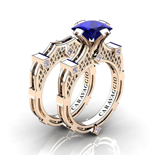 Art Masters Caravaggio 14K Rose Gold 2.0 Ct Princess Blue Sapphire Diamond Engagement Ring Wedding Band Bridal Set R782PS-14KRGDBS