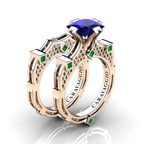 Art Masters Caravaggio 14K Rose Gold 2.0 Ct Princess Blue Sapphire Emerald Engagement Ring Wedding Band Bridal Set R782PS-14KRGEMBS