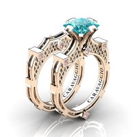 Art Masters Caravaggio 14K Rose Gold 2.0 Ct Princess Blue and White Diamond Engagement Ring Wedding Band Bridal Set R782PS-14KRGDBLD