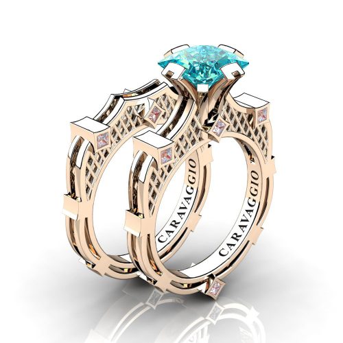 Art Masters Caravaggio 14K Rose Gold 2.0 Ct Princess Blue and White Diamond Engagement Ring Wedding Band Bridal Set R782PS-14KRGDBLD