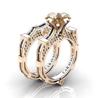 Art Masters Caravaggio 14K Rose Gold 2.0 Ct Princess Champagne Diamond Engagement Ring Wedding Band Bridal Set R782PS-14KRGCHD