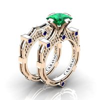 Art Masters Caravaggio 14K Rose Gold 2.0 Ct Princess Emerald Blue Sapphire Engagement Ring Wedding Band Bridal Set R782PS-14KRGBSEM