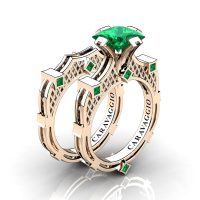 Art Masters Caravaggio 14K Rose Gold 2.0 Ct Princess Emerald Engagement Ring Wedding Band Bridal Set R782PS-14KRGEM