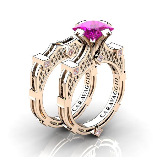 Art Masters Caravaggio 14K Rose Gold 2.0 Ct Princess Pink Sapphire Diamond Engagement Ring Wedding Band Bridal Set R782PS-14KRGDPS