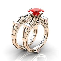 Art Masters Caravaggio 14K Rose Gold 2.0 Ct Princess Ruby Diamond Engagement Ring Wedding Band Bridal Set R782PS-14KRGDR