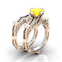 Art Masters Caravaggio 14K Rose Gold 2.0 Ct Princess Yellow Onyx Diamond Engagement Ring Wedding Band Bridal Set R782PS-14KRGDYX