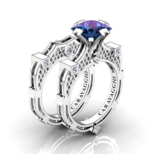 Art Masters Caravaggio 14K White Gold 2.0 Ct Princess Alexandrite Diamond Engagement Ring Wedding Band Bridal Set R782PS-14KWGDAL
