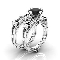 Art Masters Caravaggio 14K White Gold 2.0 Ct Princess Black Diamond Engagement Ring Wedding Band Bridal Set R782PS-14KWGBD