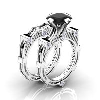 Art Masters Caravaggio 14K White Gold 2.0 Ct Princess Black and White Diamond Engagement Ring Wedding Band Bridal Set R782PS-14KWGDBD