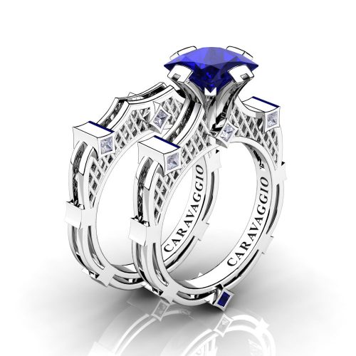 Art Masters Caravaggio 14K White Gold 2.0 Ct Princess Blue Sapphire Diamond Engagement Ring Wedding Band Bridal Set R782PS-14KWGDBS