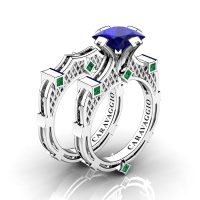 Art Masters Caravaggio 14K White Gold 2.0 Ct Princess Blue Sapphire Emerald Engagement Ring Wedding Band Bridal Set R782PS-14KWGEMBS