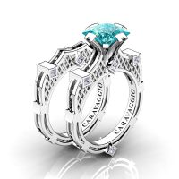 Art Masters Caravaggio 14K White Gold 2.0 Ct Princess Blue and White Diamond Engagement Ring Wedding Band Bridal Set R782PS-14KWGDBLD