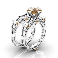 Art Masters Caravaggio 14K White Gold 2.0 Ct Princess Champagne Diamond Engagement Ring Wedding Band Bridal Set R782PS-14KWGCHD