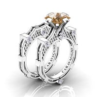 Art Masters Caravaggio 14K White Gold 2.0 Ct Princess Champagne and White Diamond Engagement Ring Wedding Band Bridal Set R782PS-14KWGDCHD