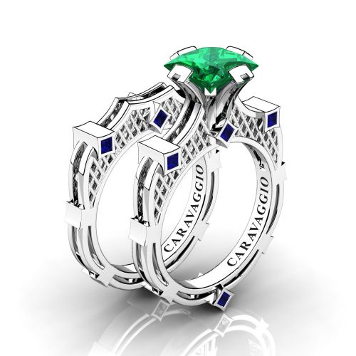 Art Masters Caravaggio 14K White Gold 2.0 Ct Princess Emerald Blue Sapphire Engagement Ring Wedding Band Bridal Set R782PS-14KWGBSEM