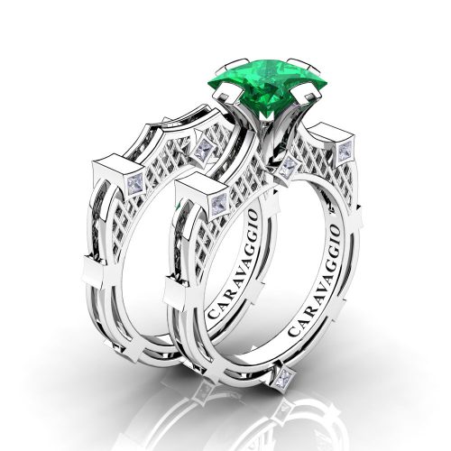 Art Masters Caravaggio 14K White Gold 2.0 Ct Princess Emerald Diamond Engagement Ring Wedding Band Bridal Set R782PS-14KWGDEM