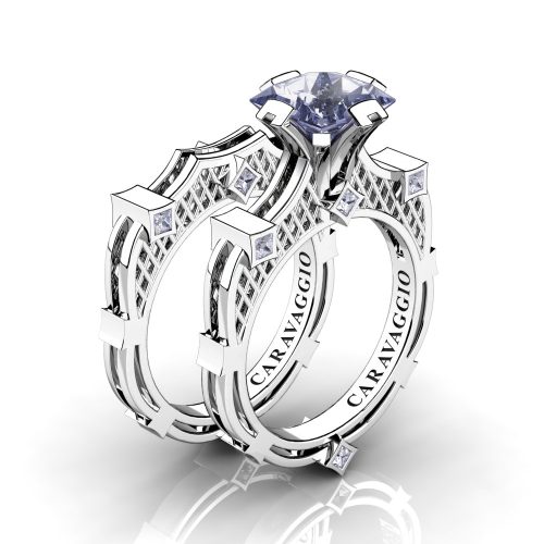 Art Masters Caravaggio 14K White Gold 2.0 Ct Princess Grey Sapphire Diamond Engagement Ring Wedding Band Bridal Set R782PS-14KWGDGS