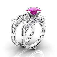 Art Masters Caravaggio 14K White Gold 2.0 Ct Princess Pink Sapphire Diamond Engagement Ring Wedding Band Bridal Set R782PS-14KWGDPS