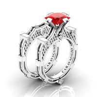 Art Masters Caravaggio 14K White Gold 2.0 Ct Princess Ruby Diamond Engagement Ring Wedding Band Bridal Set R782PS-14KWGDR