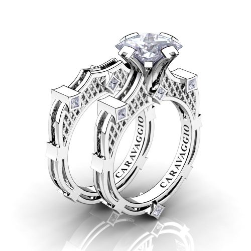 Art Masters Caravaggio 14K White Gold 2.0 Ct Princess White Sapphire Engagement Ring Wedding Band Bridal Set R782PS-14KWGWS