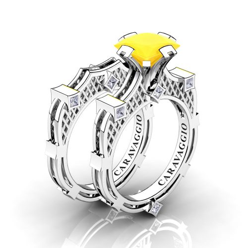 Art Masters Caravaggio 14K White Gold 2.0 Ct Princess Yellow Onyx Diamond Engagement Ring Wedding Band Bridal Set R782PS-14KWGDYX