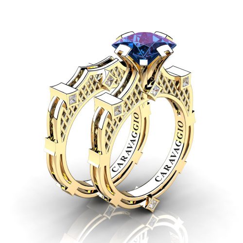 Art Masters Caravaggio 14K Yellow Gold 2.0 Ct Princess Alexandrite Diamond Engagement Ring Wedding Band Bridal Set R782PS-14KYGDAL