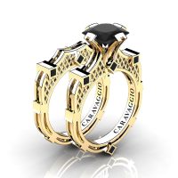 Art Masters Caravaggio 14K Yellow Gold 2.0 Ct Princess Black Diamond Engagement Ring Wedding Band Bridal Set R782PS-14KYGBD