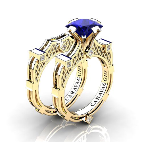 Art Masters Caravaggio 14K Yellow Gold 2.0 Ct Princess Blue Sapphire Diamond Engagement Ring Wedding Band Bridal Set R782PS-14KYGDBS