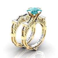 Art Masters Caravaggio 14K Yellow Gold 2.0 Ct Princess Blue and White Diamond Engagement Ring Wedding Band Bridal Set R782PS-14KYGDBLD